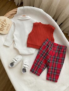 SHEIN 兒童 3 件組新生兒套裝：保暖內裡長袖翻領連身衣、紋理羅紋背心、聖誕格紋長褲，適合冬季聖誕節 - 紅色 - 查看 2