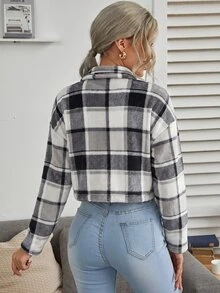 SHEIN Holidaya 女款格紋落肩長袖單排扣休閒夾克 - 黑與白 - 查看 2