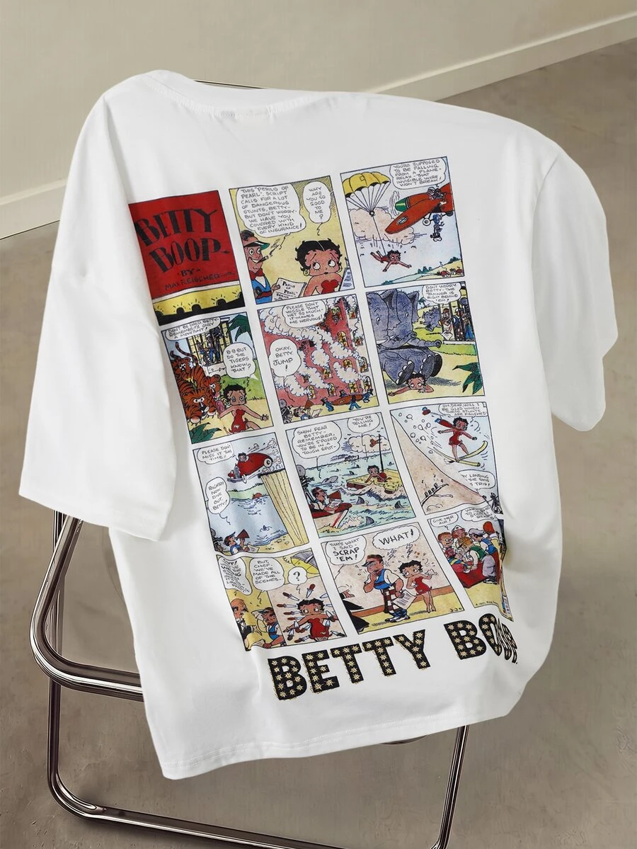 Betty Boop x SHEIN Men's Letter Cartoon Print Casual Daily Wear T-Shirt - White - View 1