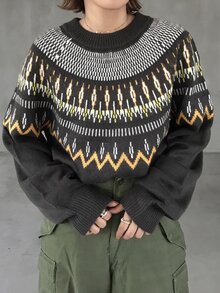 FRIFUL Women's Autumn/Winter Casual Retro Vintage 70s Geometric Pattern Sweater Everyday Going Out Grey - Dark Grey - View 5
