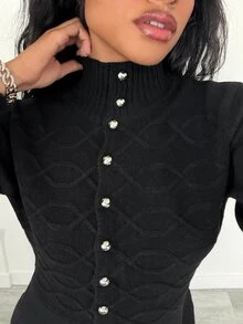 Elenzga Women's Elegant Small Stand Collar Cable Knit Ruffle Hem Cardigan Sweater - Black - View 3