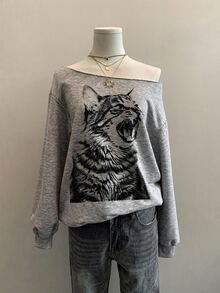 SHEIN EZwear 淺灰色女款露肩寬鬆休閒長袖衛衣 - 淺灰色 - 查看 4