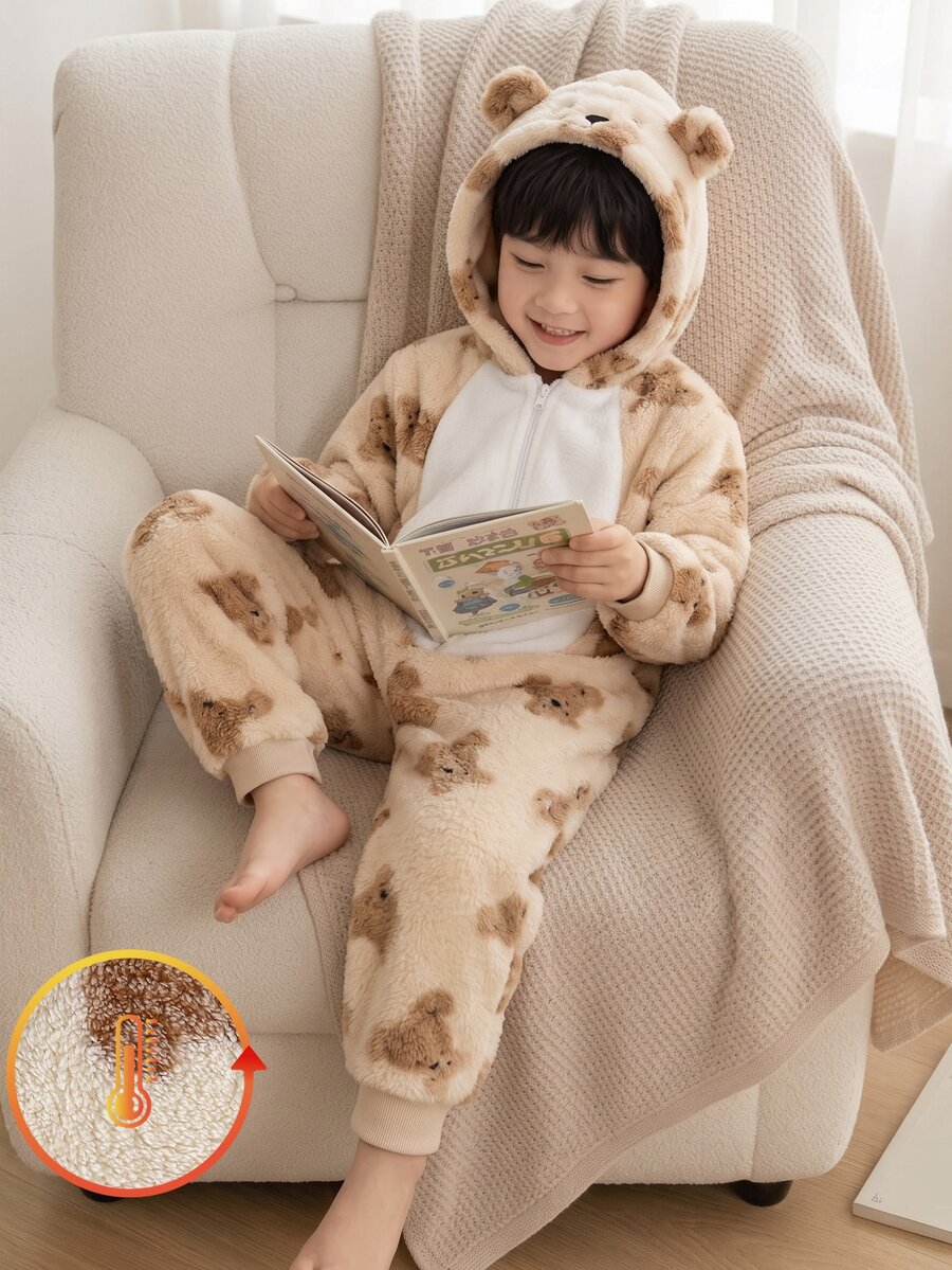 Autumn/Winter Thermal Lined Double-Sided Plush Young Boy Jumpsuit, Cute Bear Print With Hat, Bear Embroidery Zipper Long Sleeve Long Hooded Jumpsuit Set, Loungewear - Multicolor - View 1