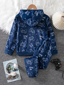 Boys Thick Flannel Hooded Home 2 Pieces Set, All-Over Print Game Controller Pattern Cuffed Long Pants Fuzzy Pajama Set - Navy Blue - View 2