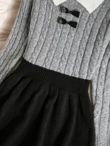SHEIN Gaun Rajut 2 in 1 Gaya Manis untuk Anak Perempuan, Kerah Warna Kontras, Tekstur Rajut Kabel, Dekorasi Pita, Pinggang Ramping, Gaun Sweater Lengan Panjang Model A-Line - Grey - View 7