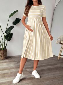 SHEIN 孕婦簡約百搭條紋拼色短袖洋裝 - 米色 - 查看 5