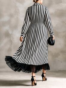 GlowEve CURVE Gaun Kasual Modis untuk Liburan, Gaya Prancis Vintage, Elegan, Cocok untuk Perjalanan, Motif Garis Hitam Putih, Jala, dan Patchwork, Cocok untuk Musim Gugur. - Hitam - View 2