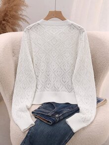 SHEIN Clasi 大尺碼女款鏤空長袖單排扣針織開襟衫 - 白色 - 查看 2