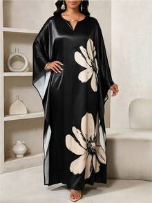 SHEIN Lady Plus Size Women's Floral Print Notched V-Neck Batwing Sleeve Elegant Dress Wedding Party Black Autumn Wedding Guest Dress Prom Dresses Halloween Fall - Black - View 1