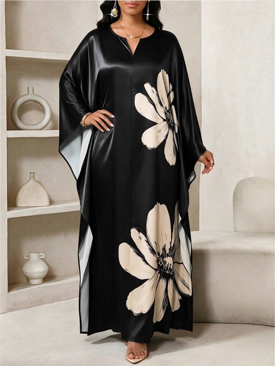 SHEIN Lady Plus Size Women's Floral Print Notched V-Neck Batwing Sleeve Elegant Dress Wedding Party Black Autumn Wedding Guest Dress Prom Dresses Halloween Fall - Black - View 1