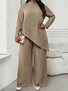 SHEIN Lady Plus Size Minimalist Asymmetrical Hem Top And Loose Long Pants 2 Pieces Set - Khaki - View 5