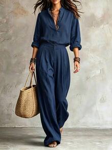 SHEIN Women's Navy Stand Collar Shirt & Pleated Wide Leg Pants Two Pieces Set, Elegant Outfit For Spring Fall Office Daily Wear - Navy Blue - View 4