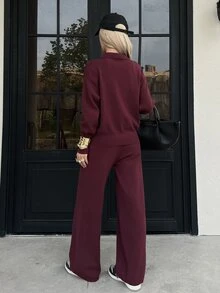 DAZY Women's 2pcs Set: Loose Casual Long Sleeve Cardigan & Straight Leg Pants, Burgundy, Autumn - Red Violet - View 7