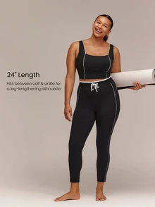 GLOWMODE Plus Size 24" FeatherFit™ All-Day Moves Tie-Waist Leggings With Concealed Booty Lift & No Front Seam Yoga Studio Daily Wear - Black - View 5