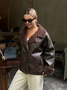DAZY Autumn/Winter Deep Brown Turn Collar Flight Leather Jacket Lamb Fleece Lining Loose Vintage Street Commute Cool Women's Padded Coat - Coffee Brown - View 7