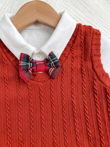 SHEIN 兒童 3 件組新生兒套裝：保暖內裡長袖翻領連身衣、紋理羅紋背心、聖誕格紋長褲，適合冬季聖誕節 - 紅色 - 查看 4