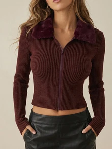 DAZY Fall/ Plush Collar Cardigan Long Sleeve Ribbed Knit Slim Fit Casual Night Out Date Night Date Commute Burgundy Streetwear Sexy Women's T-Shirt - Brown - View 3