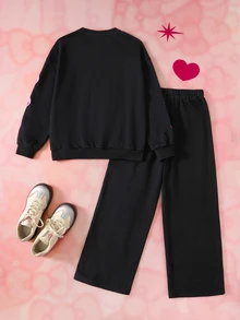 HELLO KITTY AND FRIENDS | SHEIN Set Kasual Sweatshirt Lengan Panjang dan Celana Olahraga dengan Motif Huruf untuk Remaja Perempuan - Hitam - View 2