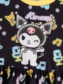 HELLO KITTY AND FRIENDS | SHEIN Gaun Kasual Lengan Pendek Motif Kartun Not Musik untuk Anak Perempuan - Hitam - View 5