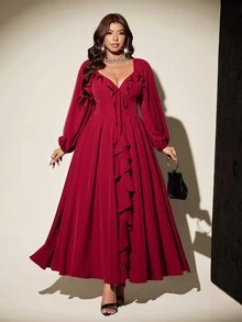 Viva Relle Plus Size French Romantic Ruffle Trim Dress, Princess Style For Party - Burgundy - View 6