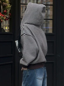 DAZY Women's Striped Drop Shoulder Long Sleeve Zip-Up Hooded Knit Cardigan - Brown - View 6