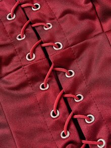 ROMWE Grunge Punk Sexy Party Fur Trim Deep V-Neck Eyelet Lace-Up Fitted Tank Top - Burgundy - View 3