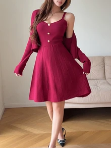 Feyla Women's Solid Color Long Sleeve Single-Breasted Knit Cardigan And Camisole Knit Dress Set - Burgundy - View 3