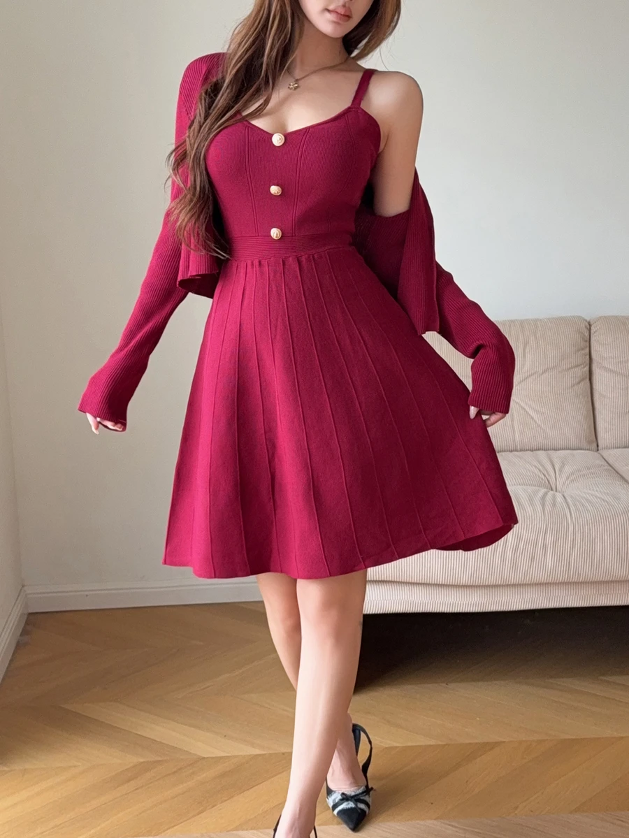 Feyla Women's Solid Color Long Sleeve Single-Breasted Knit Cardigan And Camisole Knit Dress Set - Burgundy - View 1