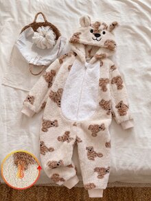 Autumn/Winter Thermal Lined Double-Sided Plush Young Boy Jumpsuit, Cute Bear Print With Hat, Bear Embroidery Zipper Long Sleeve Long Hooded Jumpsuit Set, Loungewear - Multicolor - View 3