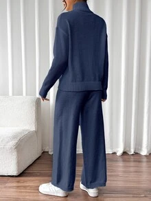 SHEIN 女款百搭高領長袖毛衣與長褲兩件套 - 寶藍色 - 查看 2