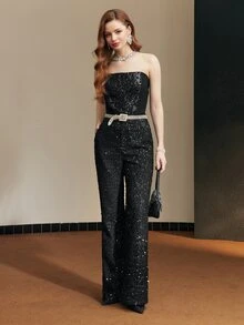 MOTF Tall WOMEN'S TALL AUTUMN/WINTER PARTY SEQUIN TWEED FLARE LEG SUIT PANTS - Black - View 8