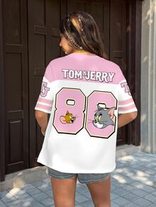 TOM & JERRY X SHEIN Women's Cute Cartoon Pattern Print Round Neck Short Sleeve T-Shirt - White - View 4