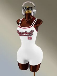 Amplova Celana Pendek Ketat Wanita Model One-Piece Tanpa Punggung dengan Motif Digital Blok Warna Merah & Putih, Tali Ganda, dan Tali Tipis - Red and White - View 3