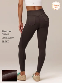 GLOWMODE 28" FeatherFit™-Warm Get To Work High-Waist Pull-On Work-Pant Leggings With Faux Placket & Back Pockets Yoga Studio Daily Fall Winter Wear - Brown - View 1