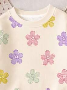 Cream White, Sweet Colorful Cream Flower Pattern, Tween Girls' Casual Minimalist Thick Soft Comfortable Crew Neck Pullover Sweatshirt Suitable For Autumn/Winter Daily Wear - Multicolor - View 6
