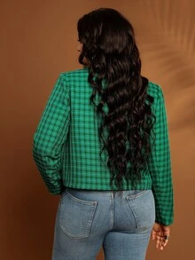 BrightlyHer Plus Size Colorblock Pocket Textured Button Front Round Neck Long Sleeve Jacket Casual Elegant Smart Outerwear Fall Winter 2026 Office Formal Green - Multicolor - View 4