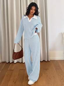 Siren Gaze Women's Autumn Casual Striped Top And Pants 2 Pieces Set - Baby Blue - View 7