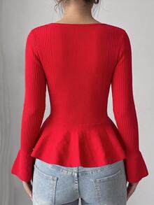 SHEIN Raffinéa Women's Solid Color Square Neck Long Sleeve Ruffle Hem Fashion Sweater Dinner Going Out Red Autumn Sexy - Red - View 3