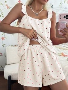 CottageSlumber Women's Red Polka Dot Print Camisole & Shorts Pajama Set, Summer Loungewear - Beige - View 5