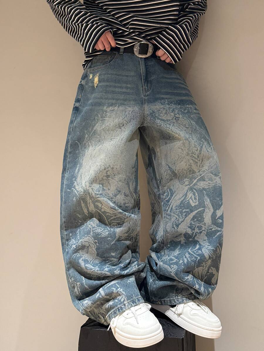 STEELVANCE Street Style Vintage Fashion Versatile Distressed Washed Cat Whisker Ripped Frayed Laser Print Design Loose Straight Leg Wide Leg Casual Everyday Plus Size Denim Jeans (Belt And Accessories Not Included) - Blue - View 1