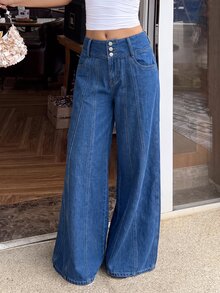 Sunnyshic Celana Jeans Wanita Model Lebar, Longgar, Kasual, dengan Kancing Depan dan Saku - Biru - View 6