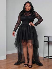 Slaydiva Plus Size Tulle Dress, Black Sheer Lace Long Sleeve High Low Ruffle Hem Prom Gown Fall - Black - View 8