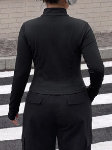 Muchica Women's Plus-Size Solid-Color Long-Sleeve Jacket Featuring A Front Zipper And Warm Lining-Suitable As Either An Outer Layer Or An Underlayer. - Black - View 2