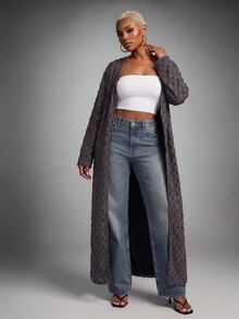 SHEIN Lunessa Women's Frayed Textured Long Cardigan, Casual Lazy Vibe Outerwear Robe - Grey - View 1