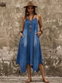 EMERY ROSE Gaun Denim Wanita Kasual dengan Hem Asimetris, Saku, dan Tali Bahu untuk Liburan - Royal Blue - View 1