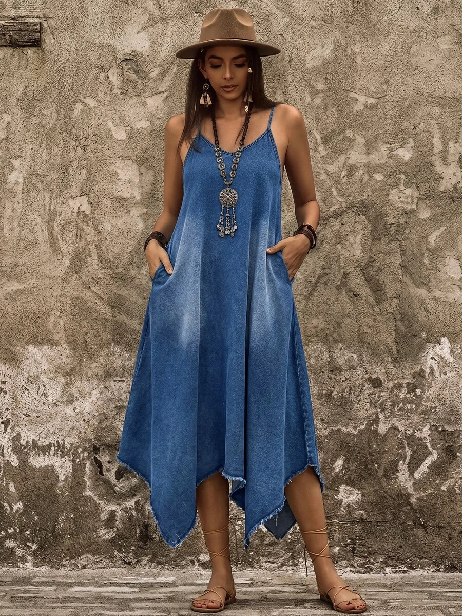 EMERY ROSE Gaun Denim Wanita Kasual dengan Hem Asimetris, Saku, dan Tali Bahu untuk Liburan - Royal Blue - View 1