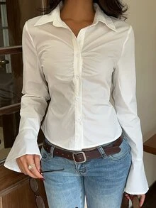CovetEZ Women's Solid Color Pleated Casual Versatile Daily Long Sleeve Shirt - White - View 4