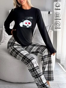 SHEIN طقم بيجامة نسائي لطيف بطبعة باندا وأكمام طويلة مع بنطال مربعات ناعم للمنزل - الأسود - مشاهدة 7