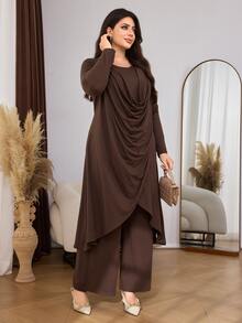 Lacomfia Women's Ruched Drape Cowl Neck Long Sleeve Top & Wide Leg Pants Lazy Design Fashionable Autumn/Winter Plus Size 2 Pieces Set - Coffee Brown - View 4