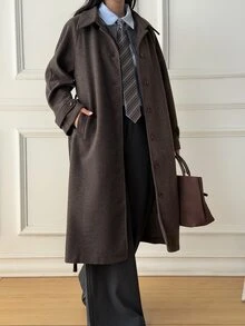 DAZY Women's Vintage Button Pocket Long Sleeve Overcoat - Brown - View 2